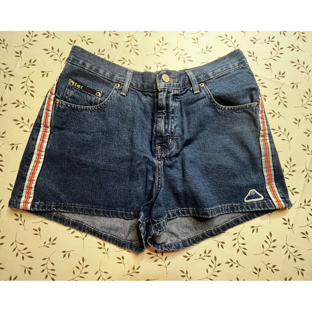 Vintage 90s L.E.I. High Waist Denim Shorts Side Stripe Blue Orange Women 11 30"